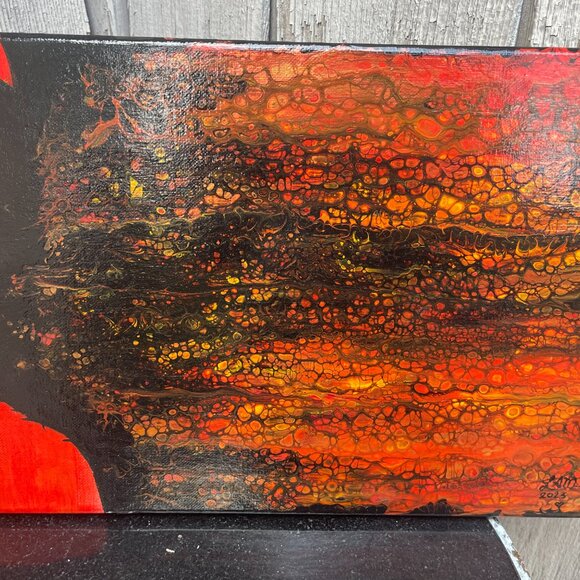 Wolf Silhouette Acrylic Pour Painting Orange Signed LAM - Picture 4 of 5